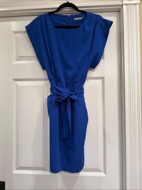 Eliza J Royal Blue Midi Dress with Self-Tie Waist